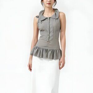 NWT 80's Vintage Marithe F Girbaud Sage Green-Gray Sheer Peplum Dress Top XS